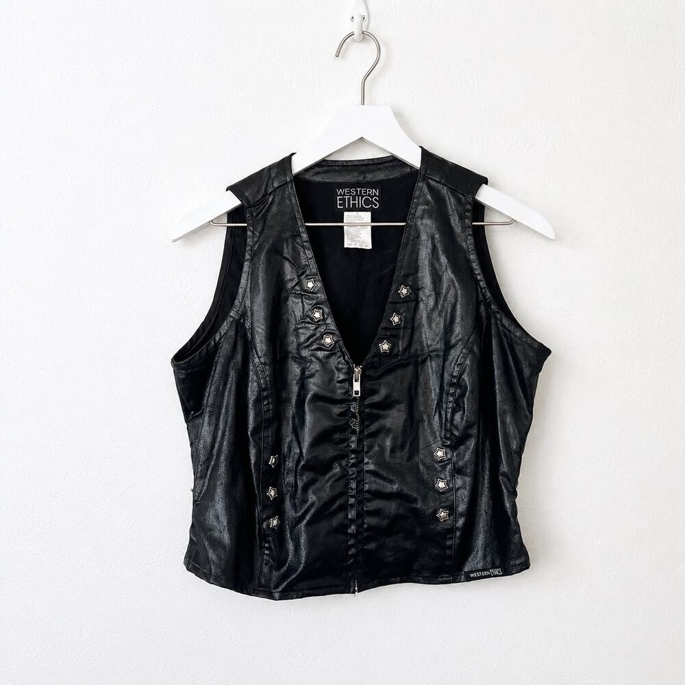 Vintage Western Ethics Black Coated Cotton Studded Cowgirl Vest L 90s Western